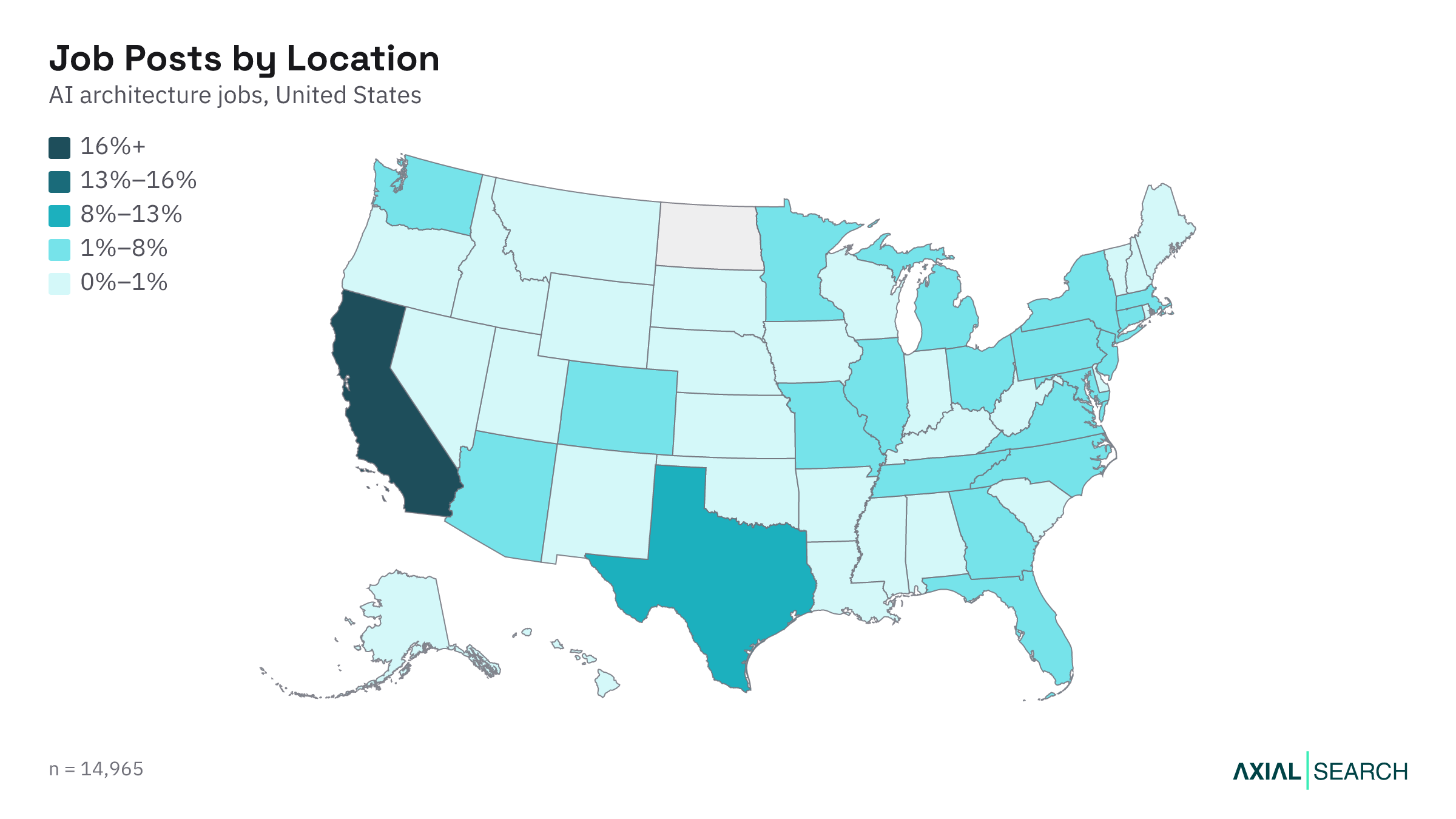 Map of AI Architecture jobs by US state in 2026