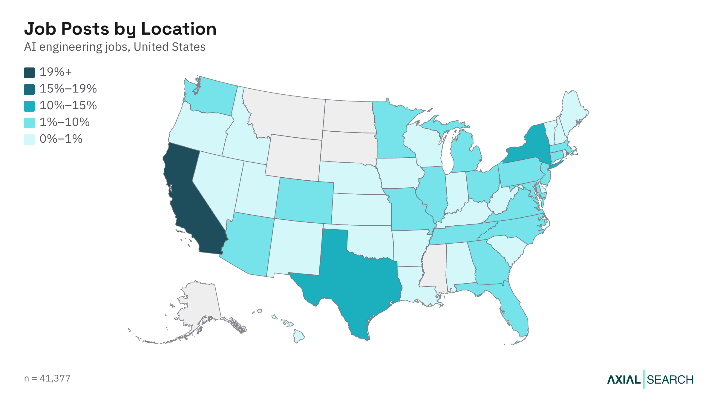 Map of AI Engineering jobs by US state in 2026