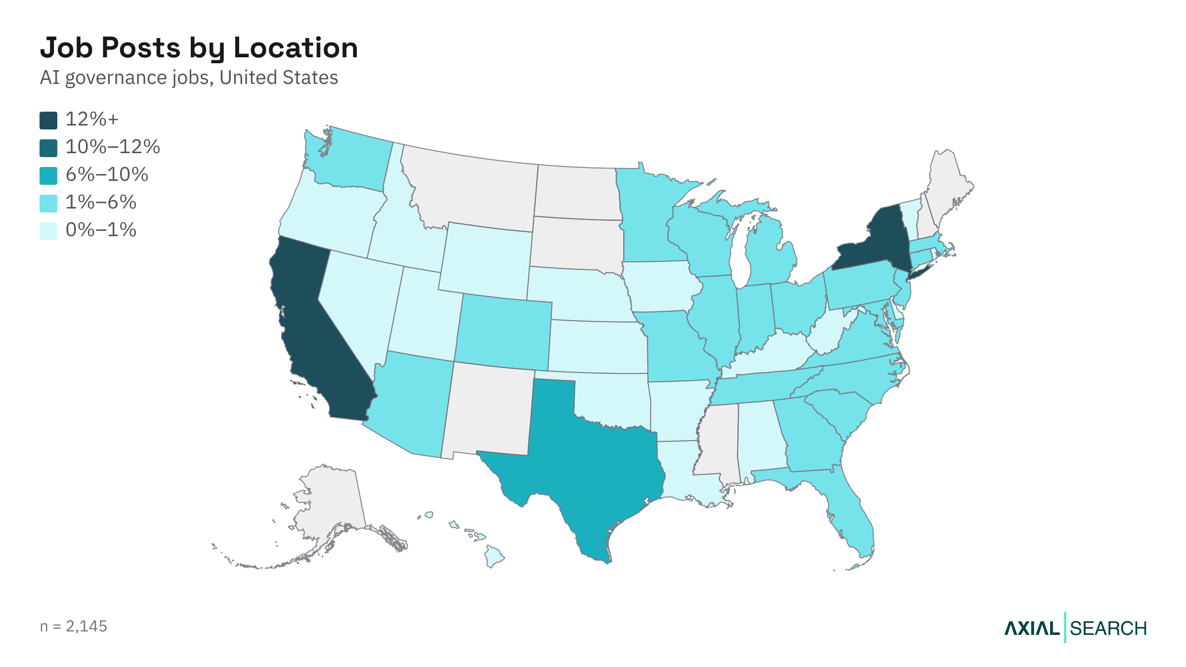 Map of AI Governance jobs by US state in 2026