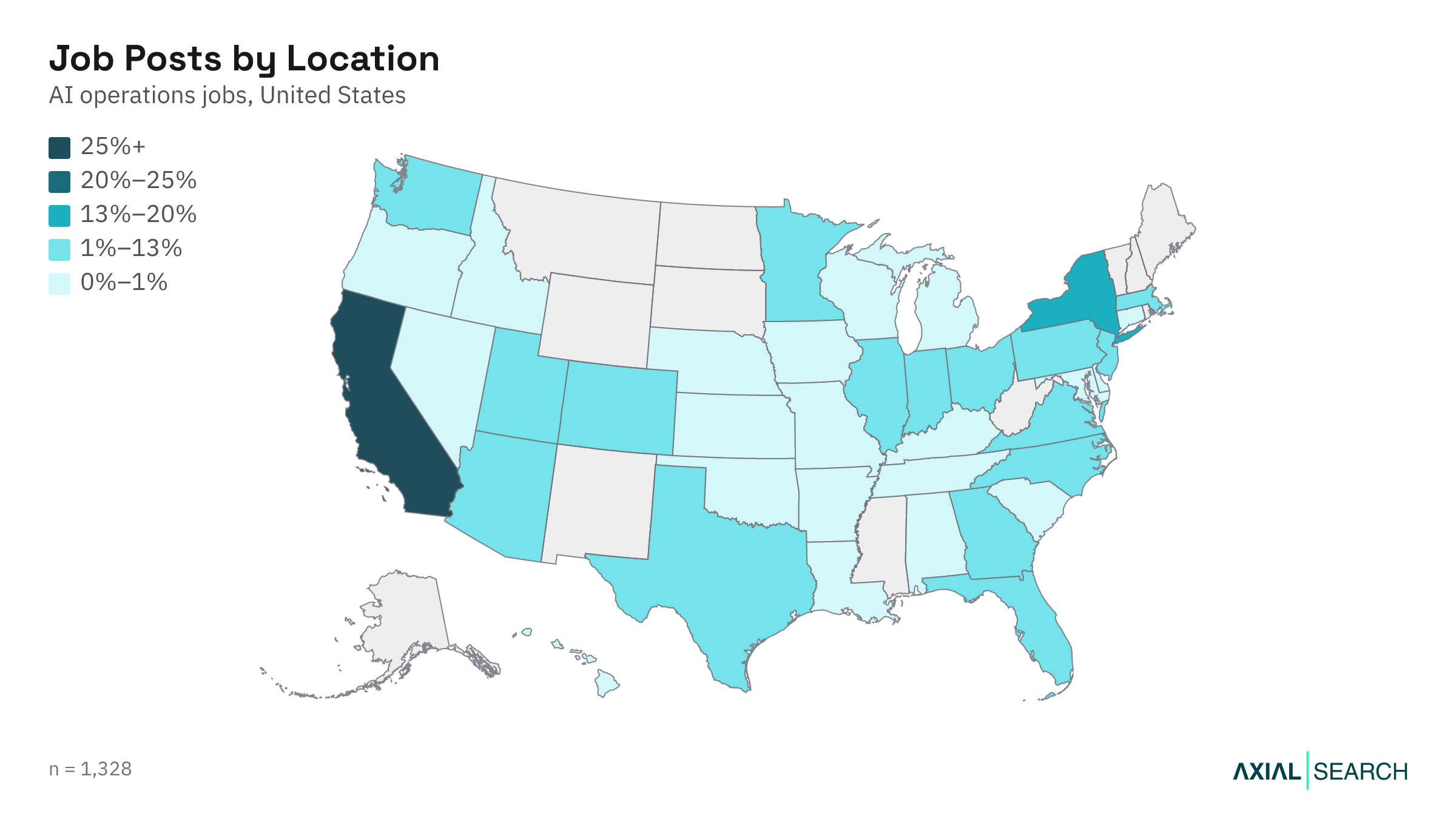 Map of AI Operations jobs by US state in 2026
