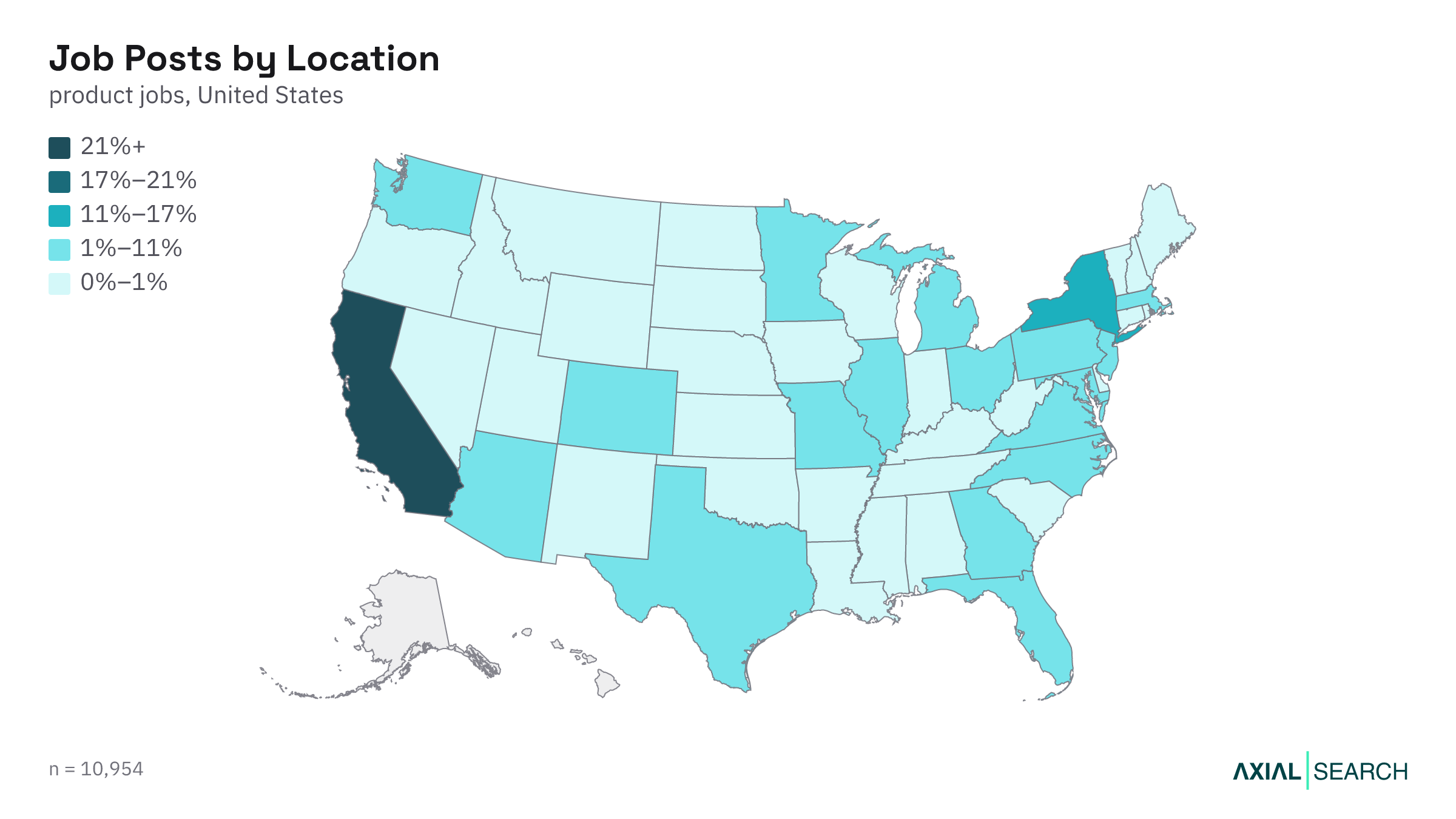 Map of AI product jobs by US state in 2026