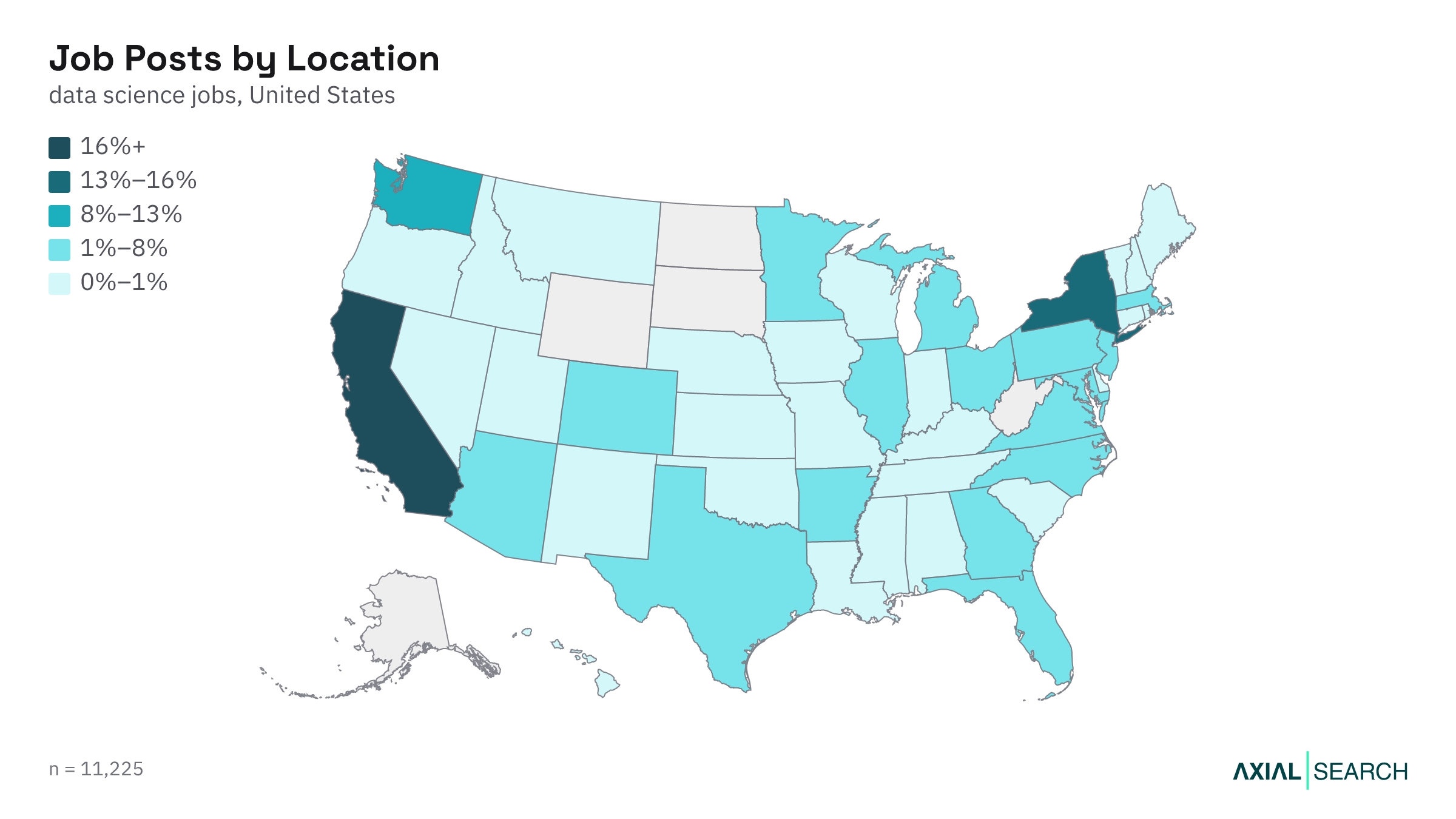 Map of Data Science jobs by US state in 2026
