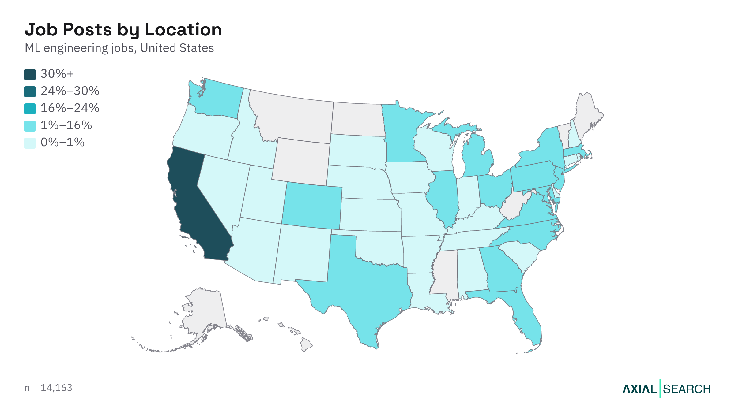 Map of ML Engineering jobs by US state in 2026